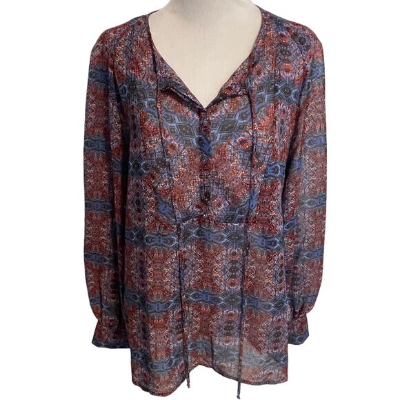 Violet & Claire Stained Glass Semi-Sheer Top Womens XL Red & Blue Career Blouse - Picture 1 of 7